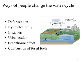 Ways of people change the water cycle
• Deforestation
• Hydroelectricity
• Irrigation
• Urbanization
• Greenhouse effect
• Combustion of fossil fuels
13
 