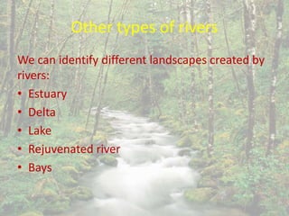 Other types of rivers
We can identify different landscapes created by
rivers:
• Estuary
• Delta
• Lake
• Rejuvenated river
• Bays
 