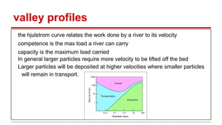 valley profiles
the hjulstrom curve relates the work done by a river to its velocity
competence is the max load a river can carry
capacity is the maximum load carried
In general larger particles require more velocity to be lifted off the bed
Larger particles will be deposited at higher velocities where smaller particles
will remain in transport.
 