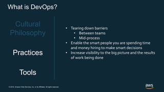 © 2018, Amazon Web Services, Inc. or its Affiliates. All rights reserved.
What is DevOps?
Cultural
Philosophy
Practices
Tools
• Tearing down barriers
• Between teams
• Mid-process
• Enable the smart people you are spending time
and money hiring to make smart decisions
• Increase visibility to the big picture and the results
of work being done
 