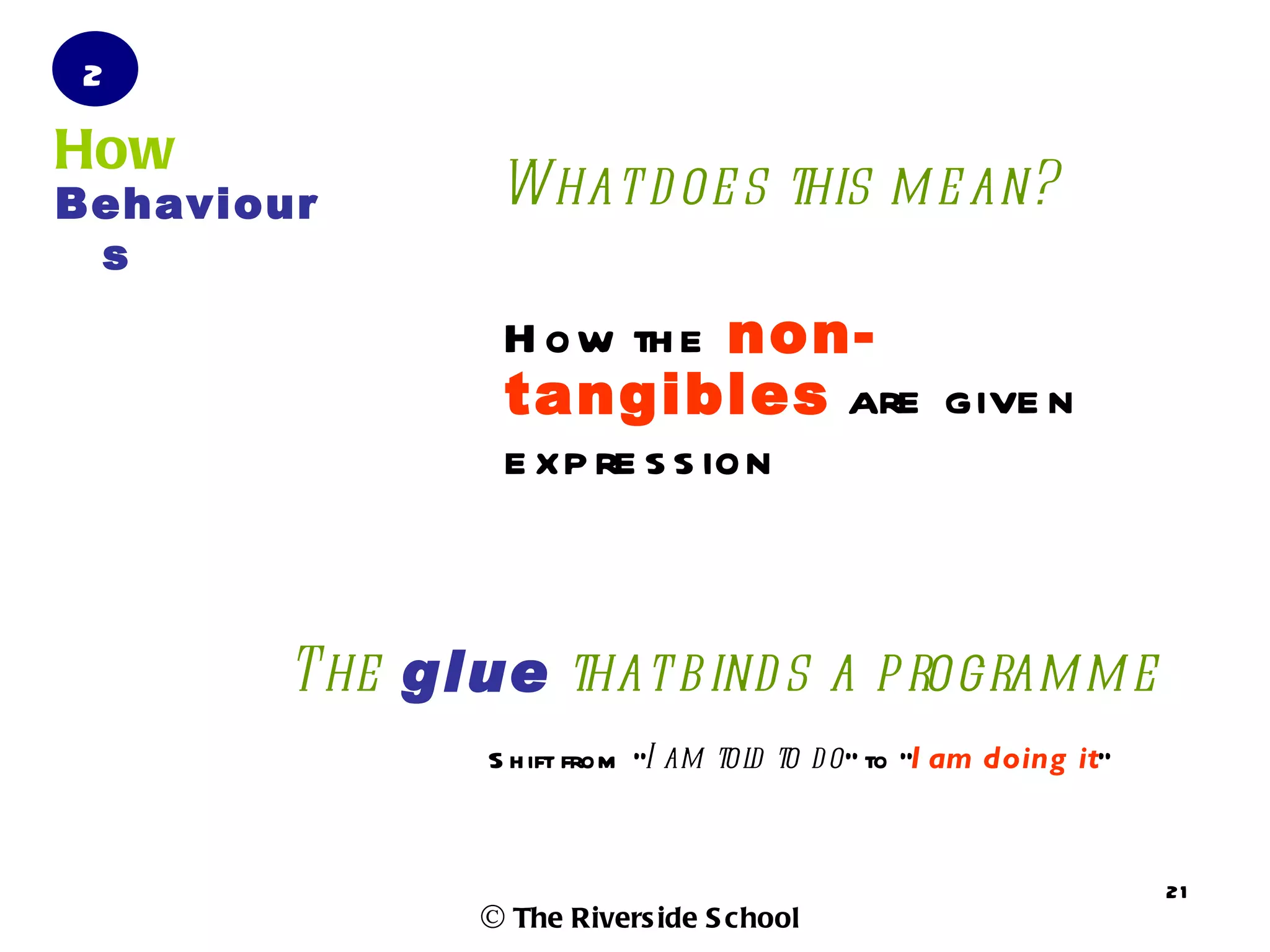 2
How
Behaviour       What d oe s this m e an?
 s
                 H ow th e non-
                 tangibles are give n
                 e xp re s s ion


        The glue that b ind s a p rogram m e
                S h ift from “I am tol to d o” to “I am doing it”
                                      d



                                                                    21
               © The Rivers ide S chool
 