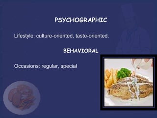 PSYCHOGRAPHIC

Lifestyle: culture-oriented, taste-oriented.

                      BEHAVIORAL

Occasions: regular, special
 