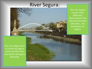 River Segura:
                                         The river Segura
                                           crosses Yeste
                                             (Albacete),
                                        Murcia,Santa Pola
                                        (Alicante),Orihuela
                                          (Alicante) , and
                                          Guardamar de
                                               Segura.




The river Segura born
 in Fuente de Segura
 (Jaén) and flow into
Guardamar del segura
      (Alicante).
 
