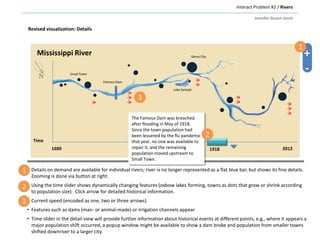 Interact Problem #2 / Rivers
Jennifer Stuart Lesch
Revised visualization: Details
• Details on demand are available for individual rivers; river is no longer represented as a flat blue bar, but shows its fine details.
Zooming is done via button at right.
• Using the time slider shows dynamically changing features (oxbow lakes forming, towns as dots that grow or shrink according
to population size). Click arrow for detailed historical information.
• Current speed (encoded as one, two or three arrows).
• Features such as dams (man- or animal-made) or irrigation channels appear
• Time slider in the detail view will provide further information about historical events at different points, e.g., where it appears a
major population shift occurred, a popup window might be available to show a dam broke and population from smaller towns
shifted downriver to a larger city.
Time
1600 20121918
N
Demo City
Lake Sample
Famous Dam
Small Town
+
-
The Famous Dam was breached
after flooding in May of 1918.
Since the town population had
been lessened by the flu pandemic
that year, no one was available to
repair it, and the remaining
population moved upstream to
Small Town.
Mississippi River
1
3
2
1
3
2
 
