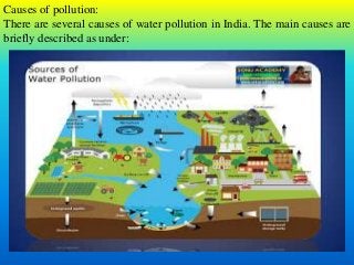 Causes of pollution:
There are several causes of water pollution in India. The main causes are
briefly described as under:
 