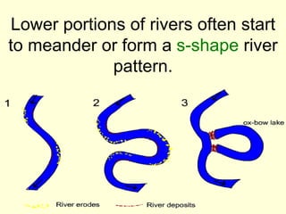 Lower portions of rivers often start
to meander or form a s-shape river
             pattern.
 