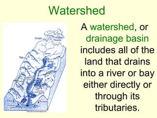 Watershed
     A watershed, or
       drainage basin
     includes all of the
      land that drains
     into a river or bay
      either directly or
         through its
         tributaries.
 