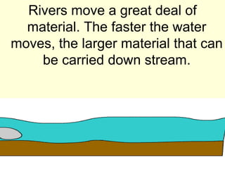 Rivers move a great deal of
  material. The faster the water
moves, the larger material that can
    be carried down stream.
 