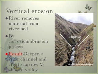 Vertical erosionRiver removes material from river bedBy corrosion/abrasion processResult:Deepen a river channel and create narrow V-shaped valley.