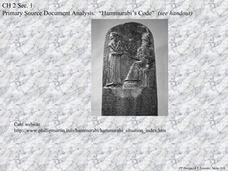 Cute website http://www.phillipmartin.info/hammurabi/hammurabi_situation_index.htm CH 2 Sec. 1  Primary Source Document Analysis:  “Hammurabi’s Code”  (see handout) PP Design of T. Loessin; Akins H.S. 