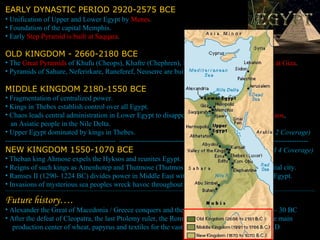 EARLY DYNASTIC PERIOD 2920-2575 BCE   Unification of Upper and Lower Egypt by  Menes .  Foundation of the capital Memphis.  Early  Step Pyramid is built at Saqqara . OLD KINGDOM - 2660-2180 BCE The  Great Pyramids  of Khufu (Cheops), Khafre (Chephren), Menkaure (Mycerinus) are built  at Giza . Pyramids of Sahure, Neferirkare, Raneferef, Neuserre are built at Abusir. MIDDLE KINGDOM 2180-1550 BCE Fragmentation of centralized power. Kings in Thebes establish control over all Egypt. Chaos leads central administration in Lower Egypt to disappear following infiltration by  Hyksos ,  an Asiatic people in the Nile Delta. Upper Egypt dominated by kings in Thebes. (CH 2 Coverage) -----------------------------------------------  --------------------------------------- ----------------------------------------- NEW KINGDOM 1550-1070 BCE   (CH 4 Coverage) Theban king Ahmose expels the Hyksos and reunites Egypt.  Reigns of such kings as Amenhotep and Thutmose (Thutmosis). Memphis now main residential city. Ramses II (1290- 1224 BC) divides power in Middle East with the Hittites; Qantir capital of Egypt. Invasions of mysterious sea peoples wreck havoc throughout Mediterranean region. ------------------------------------------------------------------------------------------------------------------------------------------------------------------------------------------------------------------------------------------------------------------------ Future history…. Alexander the Great of Macedonia / Greece conquers and the Ptolemy dynasty governs; 332 – 30 BC After the defeat of Cleopatra, the last Ptolemy ruler, the Roman emperors exploit Egypt as the main production center of wheat, papyrus and textiles for the vast Roman Empire; 30 BC – 394 AD  PP Design of T. Loessin; Akins H.S. 