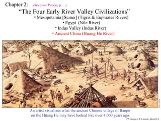 Chapter 2:  (See your Packet, p.  ) “ The Four Early River Valley Civilizations” Mesopotamia [Sumer] (Tigris & Euphrates Rivers) Egypt  (Nile River) PP Design of T. Loessin; Akins H.S. ENTER Indus Valley (Indus River) Ancient China (Huang He River) A Chinese junk on the Huang He today. An artist visualizes what the ancient Chinese village of Banpo  on the Huang He may have looked like over 4,000 years ago. 