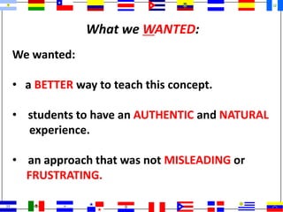 What we WANTED:
We wanted:
• a BETTER way to teach this concept.
• students to have an AUTHENTIC and NATURAL
experience.
• an approach that was not MISLEADING or
FRUSTRATING.
 