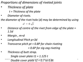 Proportions of dimensions of riveted joints
• Thickness of plate
t = Thickness of the plate
• Diameter of rivets.
the diameter of the rivet hole (d) may be determined by using
• Distance of centre of the rivet from edge of the plate =
1.5d
• Margin , m=d
• Longitudinal Pitch p=3d
• Transverse pitch pt = 0.8P for chain riveting
= 0.6P for zig-zag riveting
• Thickness of butt strap.
Single cover plate t1 = 1.125 t
Double cover plate t2 = 0.7 to 0.8t
04/04/13 6
Hareesha N Gowda, DSCE, Blore-78
 