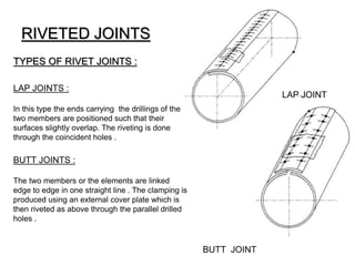 RIVETED JOINTS
TYPES OF RIVET JOINTS :
BUTT JOINT
LAP JOINTS :
In this type the ends carrying the drillings of the
two members are positioned such that their
surfaces slightly overlap. The riveting is done
through the coincident holes .
BUTT JOINTS :
The two members or the elements are linked
edge to edge in one straight line . The clamping is
produced using an external cover plate which is
then riveted as above through the parallel drilled
holes .
LAP JOINT
 