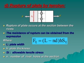 d) Rupture of plate by tension:
 Rupture of plate occurs at the section between the
rivets
 The resistance of rupture can be obtained from the
expression:
Where:
 L: plate width
 h: plate thickness:
 St : allowable tensile stress
 n : number of rivet holes at the section
tt hS)ndL(F 
FF L
 