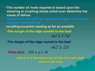 •The margin of the edge parallel to the load
d3ph16 
d5.11m 
d22m 
•The margin of the edge normal to the load
•Pitch limit:
where h is the thickness of the thinnest plate
used in the joint
•The number of rivets required is based upon the
shearing or crushing stress which ever determine the
cause of failure.
•The rivets in the joint are spaced in order to utilize the
material economically
•avoiding eccentric loading as far as possible
 