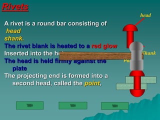 Rivets
A rivet is a round bar consisting of
head
shank.
The rivet blank is heated to a red glow
Inserted into the holes;
The head is held firmly against the
plate
The projecting end is formed into a
second head, called the point,
head
Point
Shank
 
