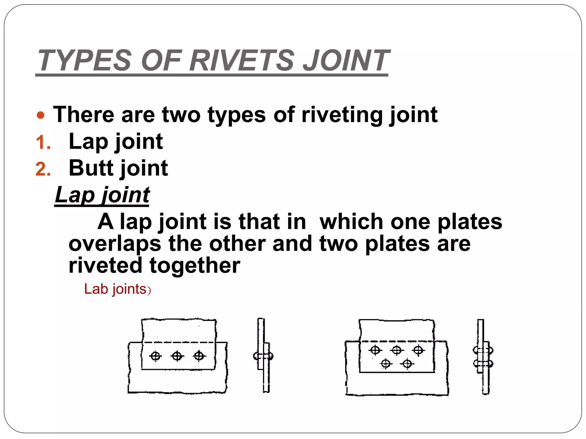 Rivet joints, methods of riveting, types