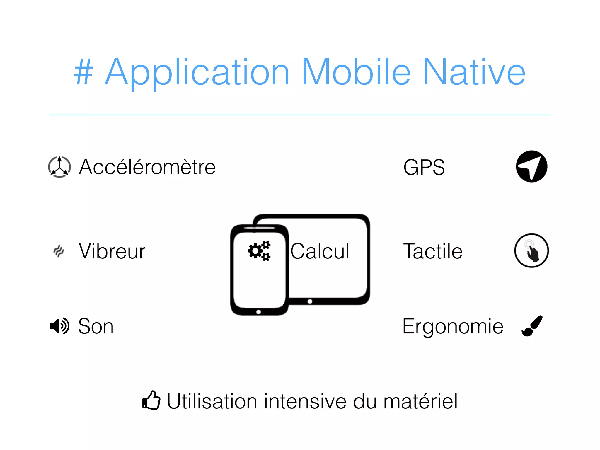 # Application Mobile Native
Son
GPS
Vibreur
Accéléromètre
Tactile
Ergonomie ,
4 Utilisation intensive du matériel
5 Calcul
6
 