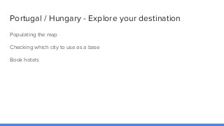 Portugal / Hungary - Explore your destination
Populating the map
Checking which city to use as a base
Book hotels
 
