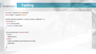 Testing
const db = require('db').connect();
const mailer = require('mailer');
module.exports.saveUser = (event, context, callback) => {
const user = {
email: event.email,
created_at: Date.now()
}
db.saveUser(user, function (err) {
if (err) {
callback(err);
} else {
mailer.sendWelcomeEmail(event.email);
callback();
}
});
};
 