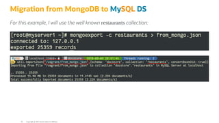 Migration from MongoDB to MySQL DS
For this example, I will use the well known restaurants collection:
Copyright @ 2022 Oracle and/or its affiliates.
81
 