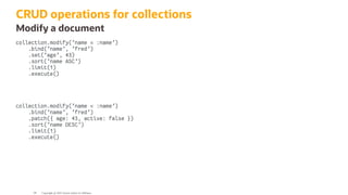 CRUD operations for collections
Modify a document
collection.modify('name = :name')
.bind('name', 'fred')
.set('age', 43)
.sort('name ASC')
.limit(1)
.execute()
collection.modify('name = :name')
.bind('name', 'fred')
.patch({ age: 43, active: false })
.sort('name DESC')
.limit(1)
.execute()
Copyright @ 2022 Oracle and/or its affiliates.
94
 
