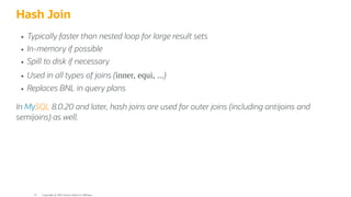 Hash Join
Typically faster than nested loop for large result sets
In-memory if possible
Spill to disk if necessary
Used in all types of joins (inner, equi, ...)
Replaces BNL in query plans
In MySQL 8.0.20 and later, hash joins are used for outer joins (including antijoins and
semijoins) as well.
Copyright @ 2022 Oracle and/or its affiliates.
14
 
