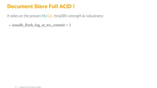 Document Store Full ACID !
It relies on the proven MySQL InnoDB's strength & robustness:
innodb_flush_log_at_trx_commit = 1
Copyright @ 2022 Oracle and/or its affiliates.
99
 