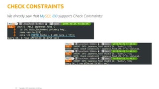 CHECK CONSTRAINTS
We already saw that MySQL 8.0 supports Check Constraints:
Copyright @ 2022 Oracle and/or its affiliates.
112
 