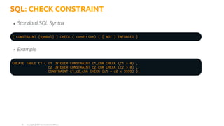 SQL: CHECK CONSTRAINT
Standard SQL Syntax
[ CONSTRAINT [symbol] ] CHECK ( condition) [ [ NOT ] ENFORCED ]
Example
CREATE TABLE t1 ( c1 INTEGER CONSTRAINT c1_chk CHECK (c1 > 0) ,
c2 INTEGER CONSTRAINT c2_chk CHECK (c2 > 0) ,
CONSTRAINT c1_c2_chk CHECK (c1 + c2 < 9999) );
Copyright @ 2022 Oracle and/or its affiliates.
31
 