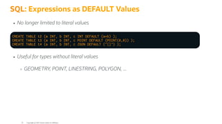 SQL: Expressions as DEFAULT Values
No longer limited to literal values
CREATE TABLE t2 (a INT, b INT, c INT DEFAULT (a+b) );
CREATE TABLE t3 (a INT, b INT, c POINT DEFAULT (POINT(0,0)) );
CREATE TABLE t4 (a INT, b INT, c JSON DEFAULT (8[]9) );
Useful for types without literal values
GEOMETRY, POINT, LINESTRING, POLYGON, ...
Copyright @ 2022 Oracle and/or its affiliates.
32
 