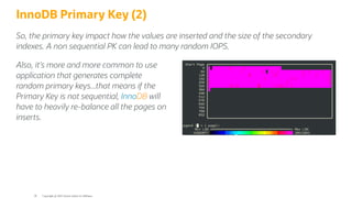 Also, it's more and more common to use
application that generates complete
random primary keys...that means if the
Primary Key is not sequential, InnoDB will
have to heavily re-balance all the pages on
inserts.
InnoDB Primary Key (2)
So, the primary key impact how the values are inserted and the size of the secondary
indexes. A non sequential PK can lead to many random IOPS.
Copyright @ 2022 Oracle and/or its affiliates.
36
 
