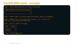 InnoDB GIPK mode - example
MySQL > SELECT @@sql_generate_invisible_primary_key;
+--------------------------------------+
| @@sql_generate_invisible_primary_key |
+--------------------------------------+
| 1 |
+--------------------------------------+
MySQL > CREATE TABLE rivierajug (name varchar(20), beers int unsigned);
MySQL > INSERT INTO rivierajug VALUES ('Yannis', 0), ('lefred',1);
Query OK, 2 rows affected (0.0073 sec)
MySQL > SELECT * FROM rivierajug;
+--------+-------+
| name | beers |
+--------+-------+
| Yannis | 0 |
| lefred | 1 |
+--------+-------+
2 rows in set (0.0002 sec)
Copyright @ 2022 Oracle and/or its affiliates.
45
 