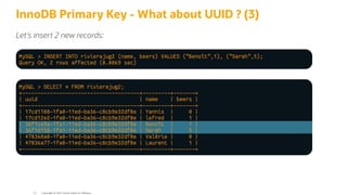 InnoDB Primary Key - What about UUID ? (3)
Let's insert 2 new records:
MySQL > INSERT INTO rivierajug2 (name, beers) VALUES ("Benoît",1), ("Sarah",5);
Query OK, 2 rows affected (0.0069 sec)
MySQL > SELECT * FROM rivierajug2;
+--------------------------------------+---------+-------+
| uuid | name | beers |
+--------------------------------------+---------+-------+
| 17cd1188-1fa0-11ed-ba36-c8cb9e32df8e | Yannis | 0 |
| 17cd12e2-1fa0-11ed-ba36-c8cb9e32df8e | lefred | 1 |
| 36f1ce9a-1fa1-11ed-ba36-c8cb9e32df8e | Benoît | 1 |
| 36f1d158-1fa1-11ed-ba36-c8cb9e32df8e | Sarah | 5 |
| 478368a0-1fa0-11ed-ba36-c8cb9e32df8e | Valérie | 0 |
| 47836a77-1fa0-11ed-ba36-c8cb9e32df8e | Laurent | 1 |
+--------------------------------------+---------+-------+
Copyright @ 2022 Oracle and/or its affiliates.
51
 