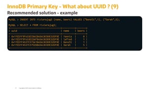 InnoDB Primary Key - What about UUID ? (9)
Recommended solution - example
MySQL > INSERT INTO rivierajug3 (name, beers) VALUES ("Benoît",1), ("Sarah",5);
MySQL > SELECT * FROM rivierajug3;
+------------------------------------+---------+-------+
| uuid | name | beers |
+------------------------------------+---------+-------+
| 0x11ED1F9F633ECB6CBA36C8CB9E32DF8E | Yannis | 0 |
| 0x11ED1F9F633ECD6FBA36C8CB9E32DF8E | lefred | 1 |
| 0x11ED1FA537C57361BA36C8CB9E32DF8E | Benoît | 1 |
| 0x11ED1FA537C5752DBA36C8CB9E32DF8E | Sarah | 5 |
+------------------------------------+---------+-------+
Copyright @ 2022 Oracle and/or its affiliates.
57
 