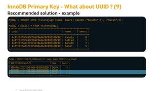 InnoDB Primary Key - What about UUID ? (9)
Recommended solution - example
MySQL > INSERT INTO rivierajug3 (name, beers) VALUES ("Benoît",1), ("Sarah",5);
MySQL > SELECT * FROM rivierajug3;
+------------------------------------+---------+-------+
| uuid | name | beers |
+------------------------------------+---------+-------+
| 0x11ED1F9F633ECB6CBA36C8CB9E32DF8E | Yannis | 0 |
| 0x11ED1F9F633ECD6FBA36C8CB9E32DF8E | lefred | 1 |
| 0x11ED1FA537C57361BA36C8CB9E32DF8E | Benoît | 1 |
| 0x11ED1FA537C5752DBA36C8CB9E32DF8E | Sarah | 5 |
+------------------------------------+---------+-------+
MySQL > SELECT BIN_TO_UUID(uuid,1), name, beers FROM rivierajug3;
+--------------------------------------+---------+-------+
| BIN_TO_UUID(uuid,1) | name | beers |
+--------------------------------------+---------+-------+
| 633ecb6c-1f9f-11ed-ba36-c8cb9e32df8e | Yannis | 0 |
| 633ecd6f-1f9f-11ed-ba36-c8cb9e32df8e | lefred | 1 |
| 37c57361-1fa5-11ed-ba36-c8cb9e32df8e | Benoît | 1 |
| 37c5752d-1fa5-11ed-ba36-c8cb9e32df8e | Sarah | 5 |
+--------------------------------------+---------+-------+
Copyright @ 2022 Oracle and/or its affiliates.
57
 