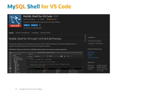 MySQL Shell for VS Code
Copyright @ 2022 Oracle and/or its affiliates.
62
 