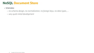 NoSQL Document Store
Schemaless
no schema design, no normalization, no foreign keys, no data types, ...
very quick initial development
Copyright @ 2022 Oracle and/or its affiliates.
64
 