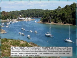 LE RIA DU BELON A RIEC SUR BELON – FINISTERE : LE BELON est un petit fleuve
côtier breton, département du Finistère. Il est constitué d'une ria, c’est-à-dire d'un estuaire,
alimentée par un ruisseau d'une dizaine de kilomètres qui prend sa source à Bannalec au
lieu-dit Loj Nahennou à 89 m d'altitude. Le Bélon se jette dans l'Océan Atlantique à une
centaine de mètres d'une autre ria : l'Aven.
 