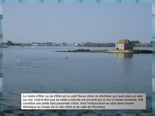 La rivière d’Etel, ou ria d’Etel est un petit fleuve côtier du Morbihan qui coule dans un aber
(ou ria), c’est-à-dire que sa vallée profonde est envahie par la mer à marée montante. Elle
constitue une petite baie parsemée d’ilots, dont l’embouchure se situe dans l’océan
Atlantique au niveau de la ville d’Etel et de celle de Plouhinec.
 