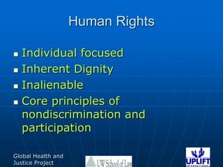Human RightsIndividual focusedInherent DignityInalienableCore principles of nondiscrimination and participation