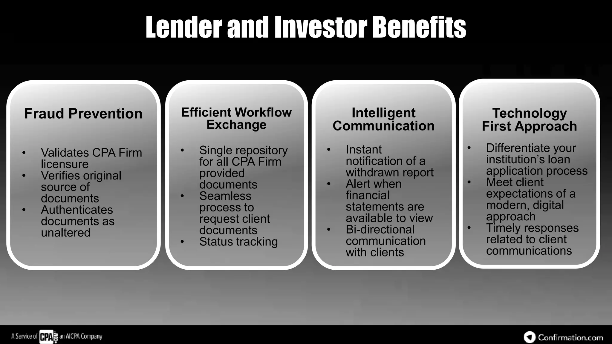 Fraud Prevention
• Validates CPA Firm
licensure
• Verifies original
source of
documents
• Authenticates
documents as
unaltered
Lender and Investor Benefits
Efficient Workflow
Exchange
• Single repository
for all CPA Firm
provided
documents
• Seamless
process to
request client
documents
• Status tracking
Intelligent
Communication
• Instant
notification of a
withdrawn report
• Alert when
financial
statements are
available to view
• Bi-directional
communication
with clients
• Differentiate your
institution’s loan
application process
• Meet client
expectations of a
modern, digital
approach
• Timely responses
related to client
communications
Technology
First Approach
 