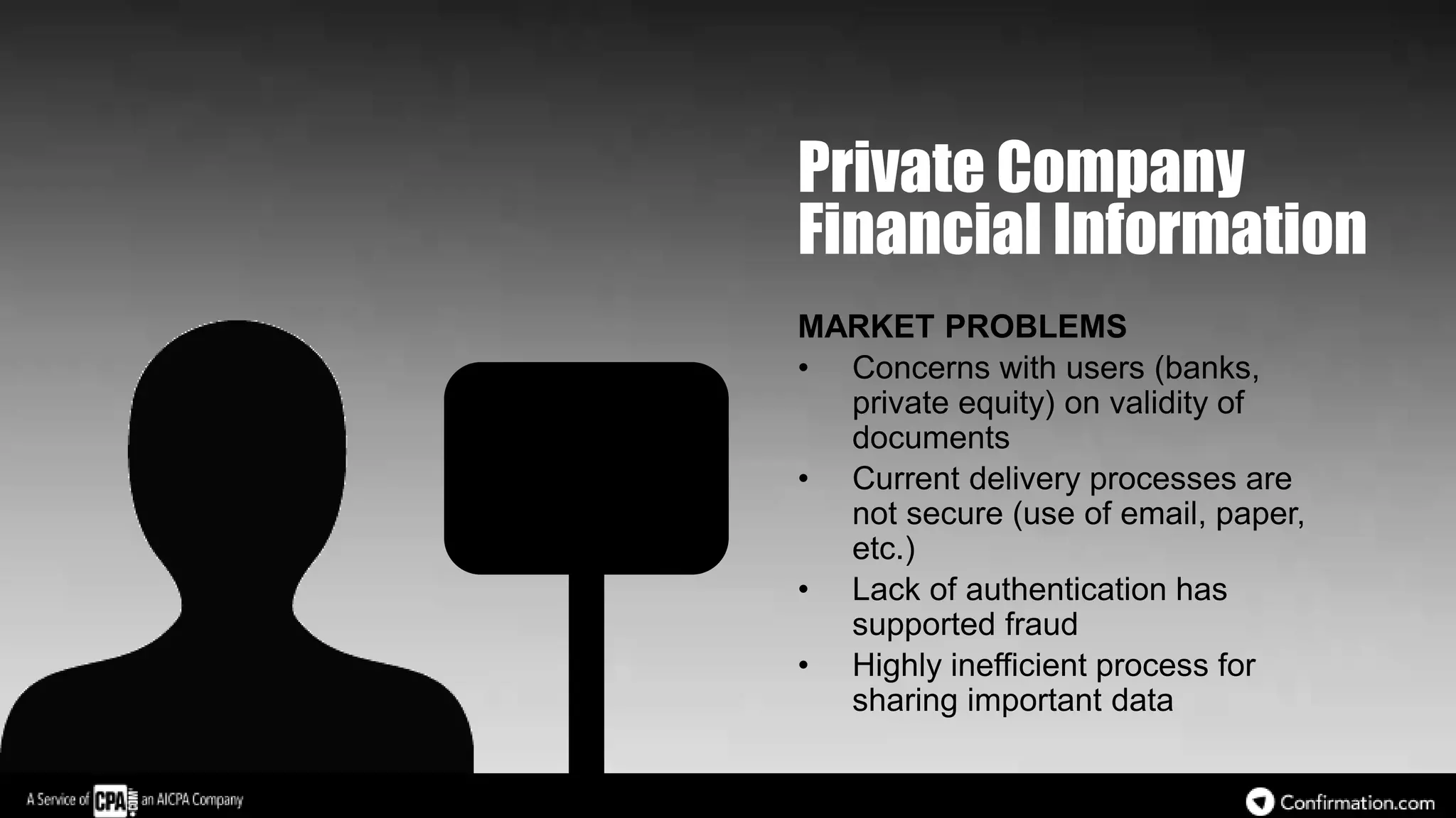 Private Company
Financial Information
MARKET PROBLEMS
• Concerns with users (banks,
private equity) on validity of
documents
• Current delivery processes are
not secure (use of email, paper,
etc.)
• Lack of authentication has
supported fraud
• Highly inefficient process for
sharing important data
 