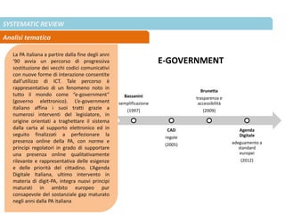 SYSTEMATIC REVIEW
Analisi tematica
Bassanini
semplificazione
(1997)
CAD
regole
(2005)
Brunetta
trasparenza e
accessibilità
(2009)
Agenda
Digitale
adeguamento a
standard
europei
(2012)
E-GOVERNMENT
La PA italiana a partire dalla fine degli anni
‘90 avvia un percorso di progressiva
sostituzione dei vecchi codici comunicativi
con nuove forme di interazione consentite
dall’utilizzo di ICT. Tale percorso è
rappresentativo di un fenomeno noto in
tutto il mondo come “e-government”
(governo elettronico). L’e-government
italiano affina i suoi tratti grazie a
numerosi interventi del legislatore, in
origine orientati a traghettare il sistema
dalla carta al supporto elettronico ed in
seguito finalizzati a perfezionare la
presenza online della PA, con norme e
principi regolatori in grado di supportare
una presenza online qualitativamente
rilevante e rappresentativa delle esigenze
e delle priorità del cittadino. L’Agenda
Digitale Italiana, ultimo intervento in
materia di digit-PA, integra nuovi principi
maturati in ambito europeo pur
consapevole del sostanziale gap maturato
negli anni dalla PA italiana
 