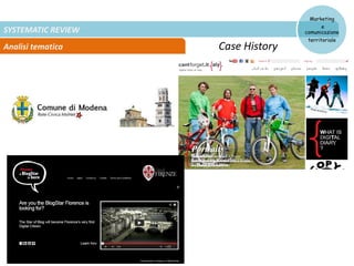 SYSTEMATIC REVIEW
Analisi tematica
Marketing
e
comunicazione
territoriale
Case History
 