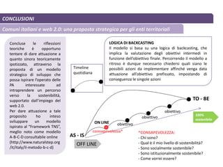 CONCLUSIONI
Comuni italiani e web 2.0: una proposta strategica per gli enti territoriali
Concluse le riflessioni
teoriche è opportuno
tentare di dare attuazione a
quanto sinora teoricamente
ipotizzato, attraverso la
proposta di un modello
strategico di sviluppo che
possa ispirare l’operato delle
PA interessate ad
intraprendere un percorso
verso la sostenibilità,
supportato dall’impiego del
web 2.0.
Per dare attuazione a tale
proposito ho inteso
sviluppare un modello
ispirato al “Framework TNS”,
meglio noto come modello
A-B-C-D consultabile online
(http://www.naturalstep.org
/it/italy/il-metodo-b-c-d)
OFF LINE
*CONSAPEVOLEZZA:
- Chi sono?
- Qual è il mio livello di sostenibilità?
- Sono socialmente sostenibile?
- Sono istituzionalmente sostenibile?
- Come vorrei essere?
AS - IS
TO - BE
consapevolezza*
obiettivo
obiettivo
obiettivo
Timeline
quotidiana
100%
sostenibile
ON LINE
LOGICA DI BACKCASTING
Il modello si basa su una logica di backcasting, che
implica la valutazione degli obiettivi intermedi in
funzione dell’obiettivo finale. Percorrendo il modello a
ritroso è dunque necessario chiedersi quali siano le
possibili azioni da implementare affinché venga data
attuazione all’obiettivo prefissato, impostando di
conseguenza le singole azioni
 