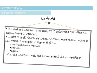 SYSTEMATIC REVIEW
Analisi della letteratura
Le fonti
 