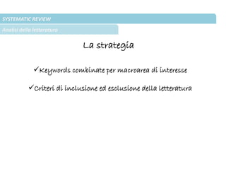 SYSTEMATIC REVIEW
Analisi della letteratura
La strategia
Keywords combinate per macroarea di interesse
Criteri di inclusione ed esclusione della letteratura
 